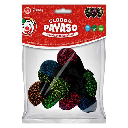 GLOBO IMPRESO PAYASO 12 CONFETI-NEON-NEGRO 148152