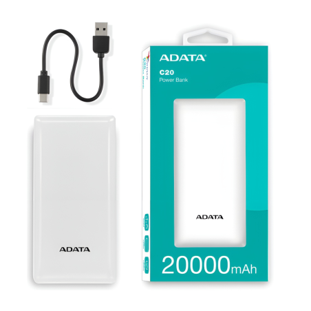 20,000mAh CARGADOR ADATA POWER BANK  BLANCO C20 PBC20-WH