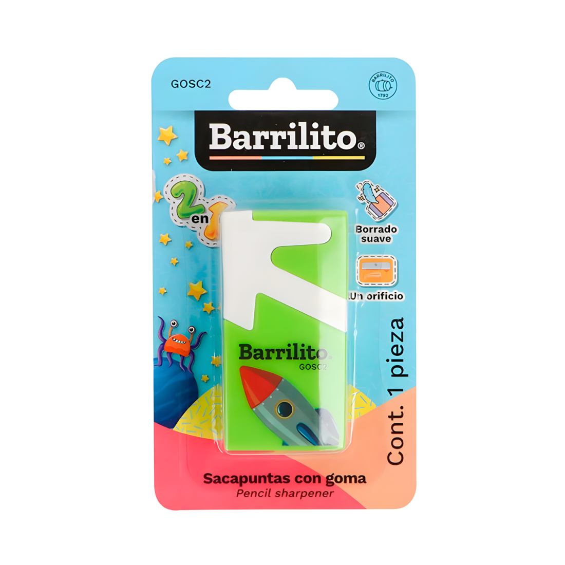 SACAPUNTAS BARRILITO GOSC2 ESPACIAL C/GOMA BL/1 152911