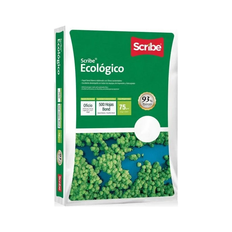 PAPEL CORTADO SCRIBE ECOLOGICO OFICIO 93% DE BLANCURA C/500