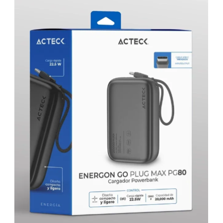 20,000mah POWER BANK ENERGON NEGRO CABLE USB-C INTEGRADO