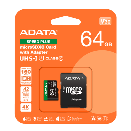 MEMORIA ADATA 64GB MICROSD SPEED PLUS A2 U3 V30 160GB 4K