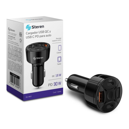 CARGADOR AUTO USB C PD 30W Y USB QC 18W ELI-863 STEREN
