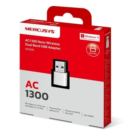 ADAPTADOR INALAMBRICO NANO MA30N AC1300 MERCUSYS 2.4GHZ 5GHZ