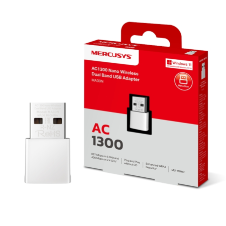 ADAPTADOR INALAMBRICO NANO MA30N AC1300 MERCUSYS 2.4GHZ 5GHZ