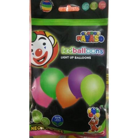 GLOBO NEON PAYASO No.10 COLORS C/LED BOLSA C/5 PZ 058070