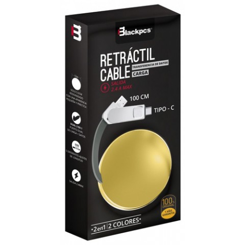 CABLE BLACKPCS CA-RETRACT. MICRO USB Y TIPO C ORO 1M PLASTICO 2.1A