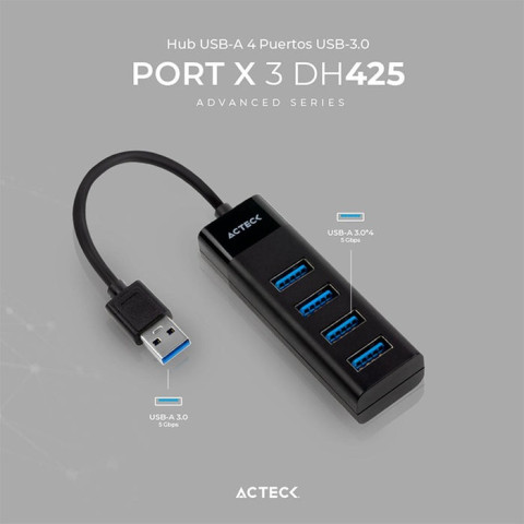 HUB ACTECK PORT X 3 DH425/4 PUERTOS USB 3.0 NEGRO AC-10868