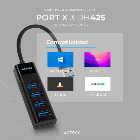 HUB ACTECK PORT X 3 DH425/4 PUERTOS USB 3.0 NEGRO AC-10868