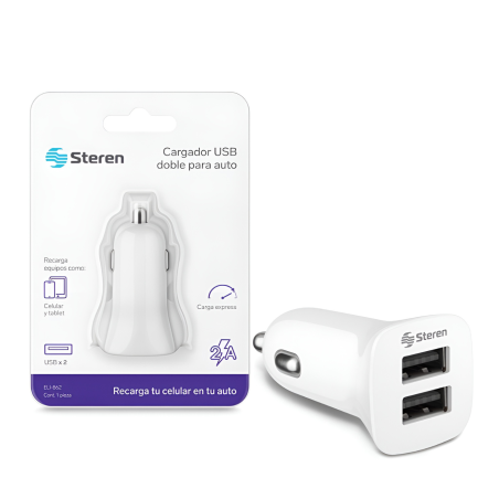 10W CARGADOR STEREN USB DOBLE P/AUTO 2.1 AMP ELI-862