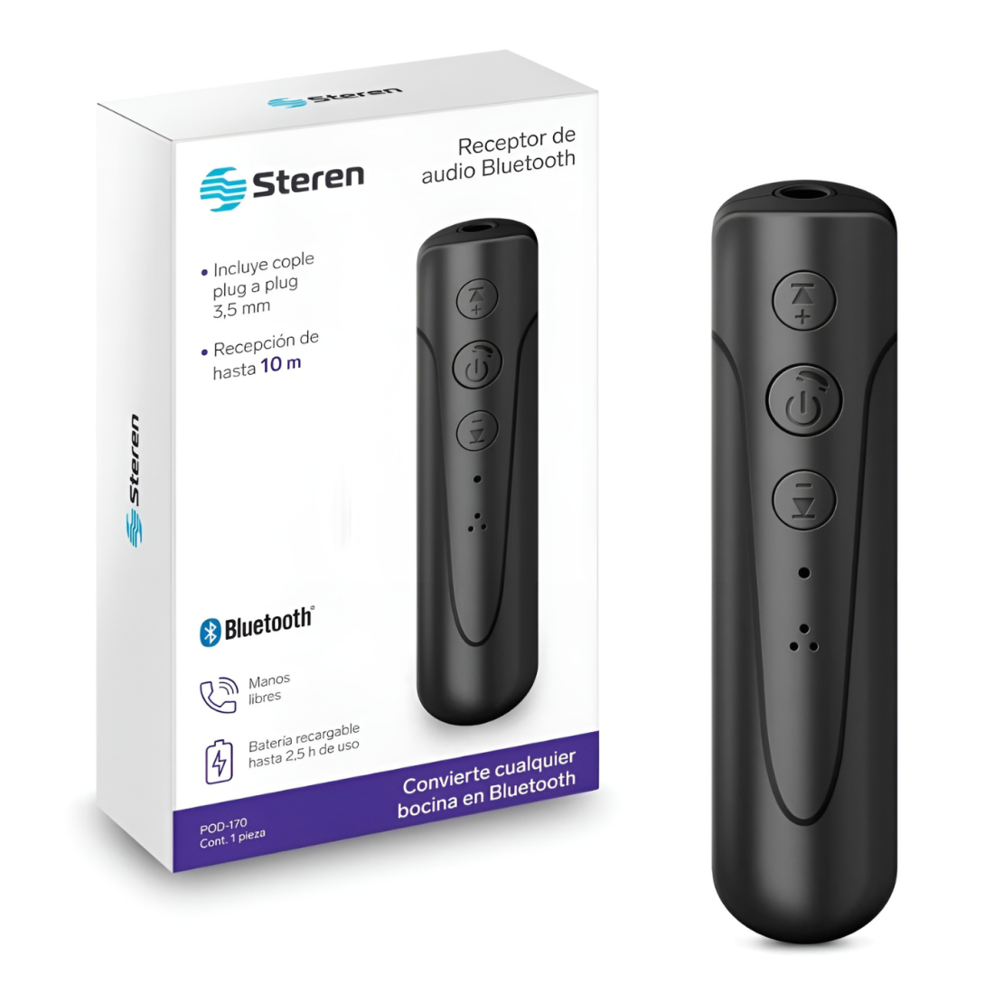 RECEPTOR STEREN DE AUDIO BLUETOOTH CON BATERIA RECARGABLE POD-170