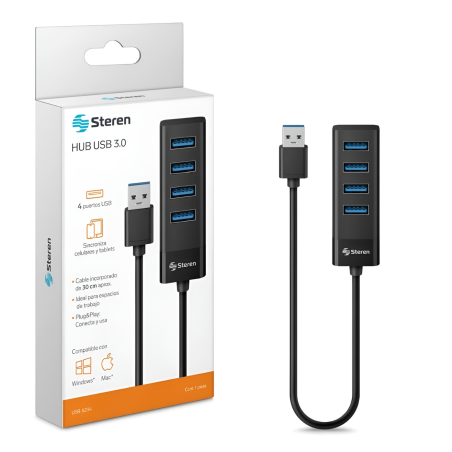 HUB STEREN USB 3.0 DE 4 PUERTOS CABLE 12.5CM NEGRO USB-5234